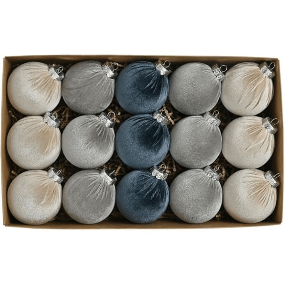 Brand New Luxe Velvet Christmas Ornaments 15 Pcs Blue Flocked Balls Shatterproof